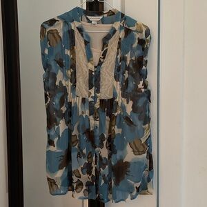 Christopher & Banks Large Floral Ruffle & Lace Blouse Brown & Teal